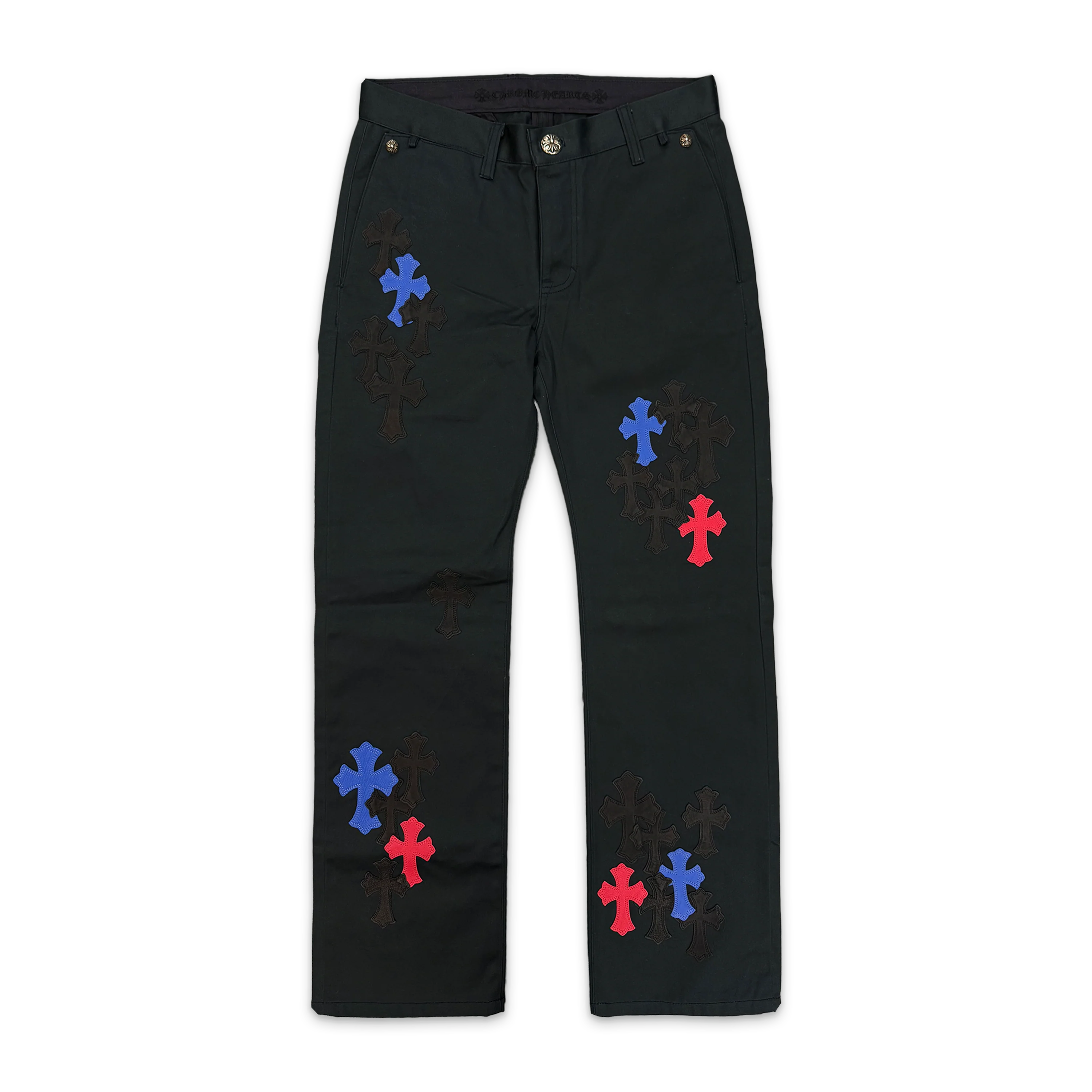 Black Chino Pants "Blue Red Black Crosses"