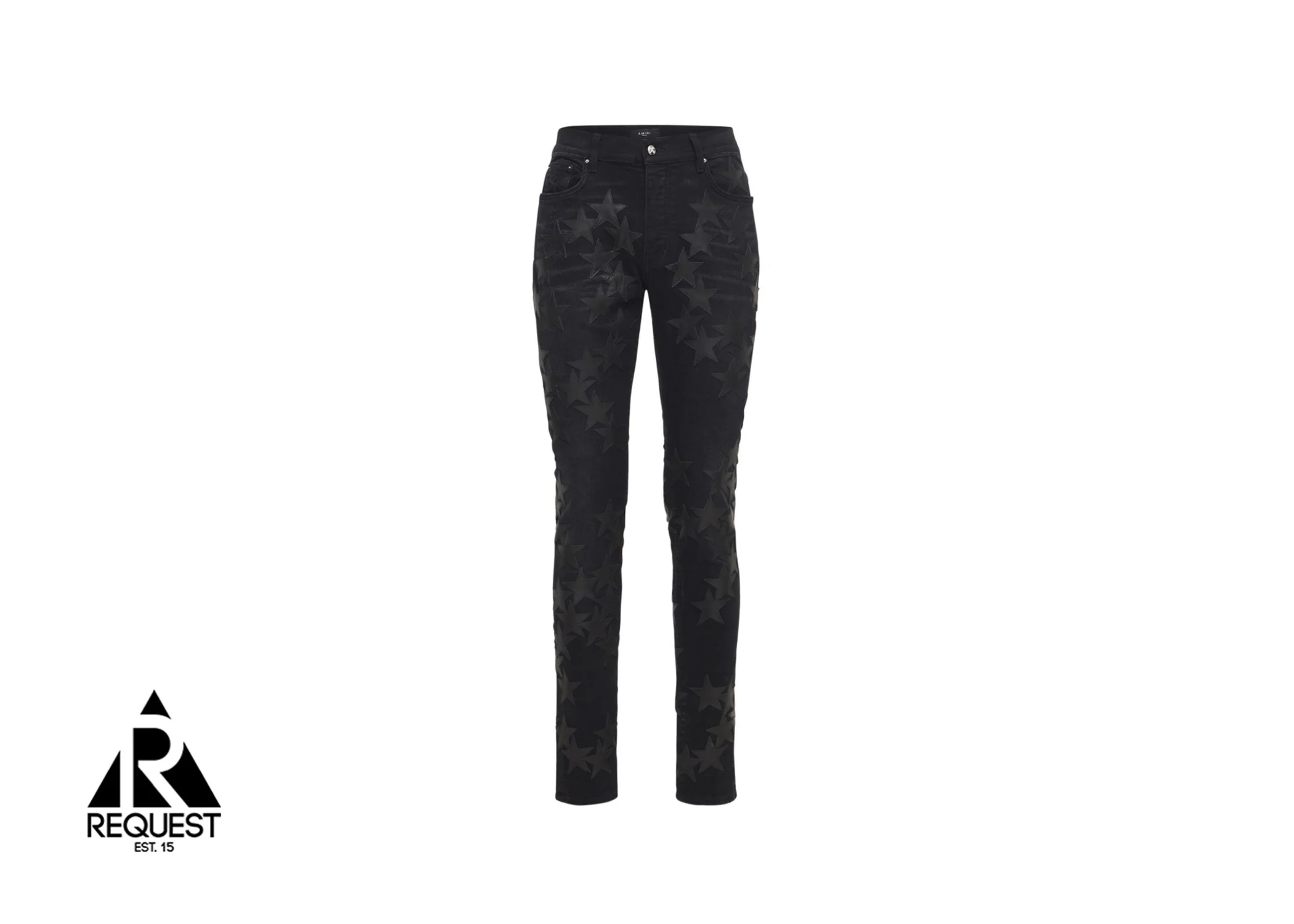 Black Leather Star Applique Chemist Denim "Overdyed Black"