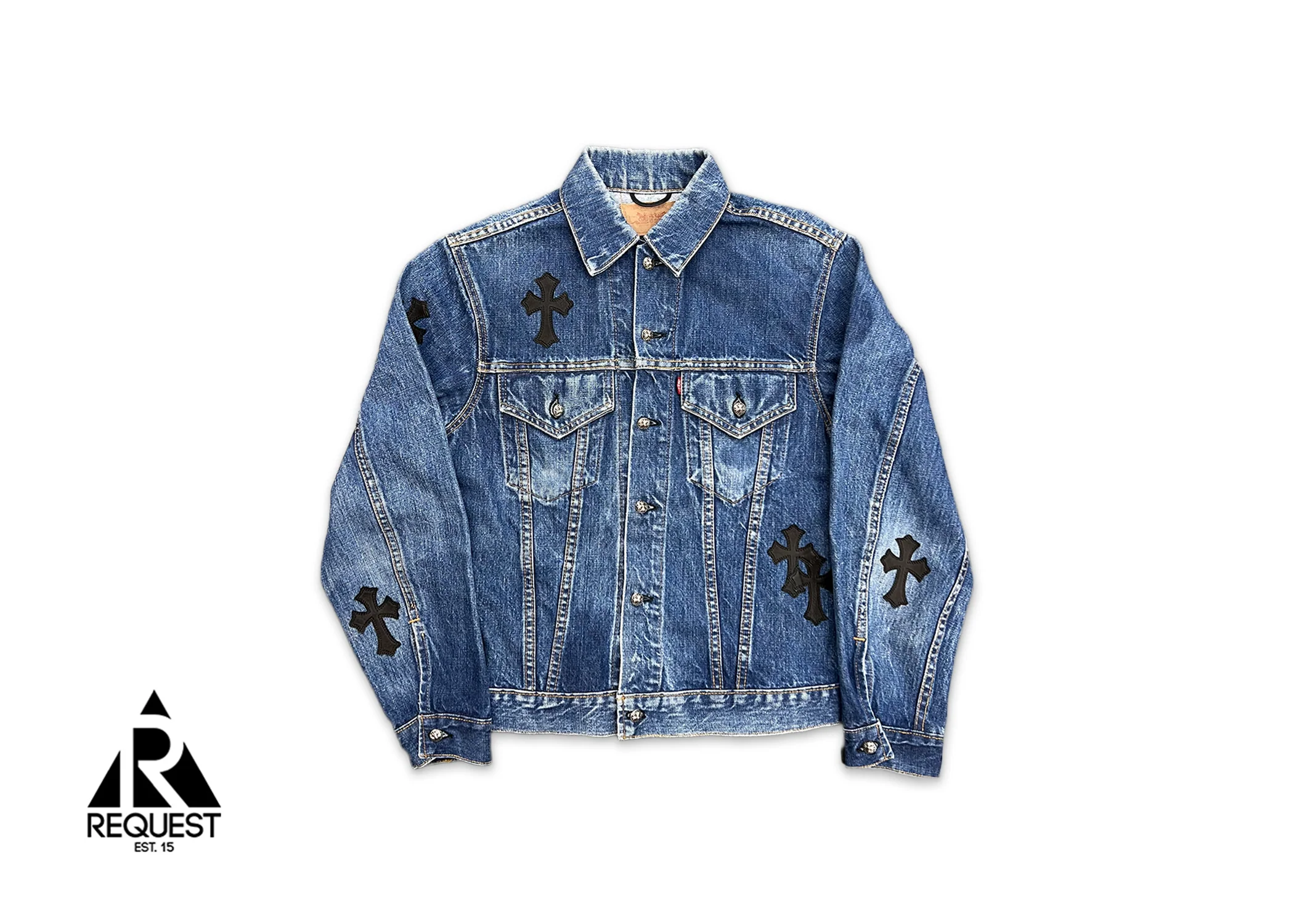 Button Up Levi’s Denim Jacket Medium Wash Black Crosses - Image 2