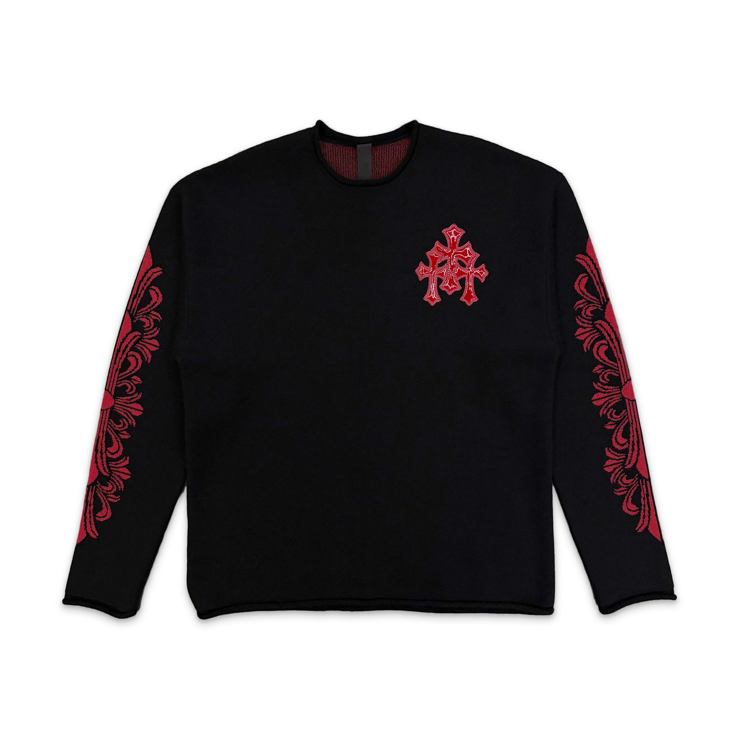 Cashmere Floral Patent Leather Triple Cross Sweater "Black Red"