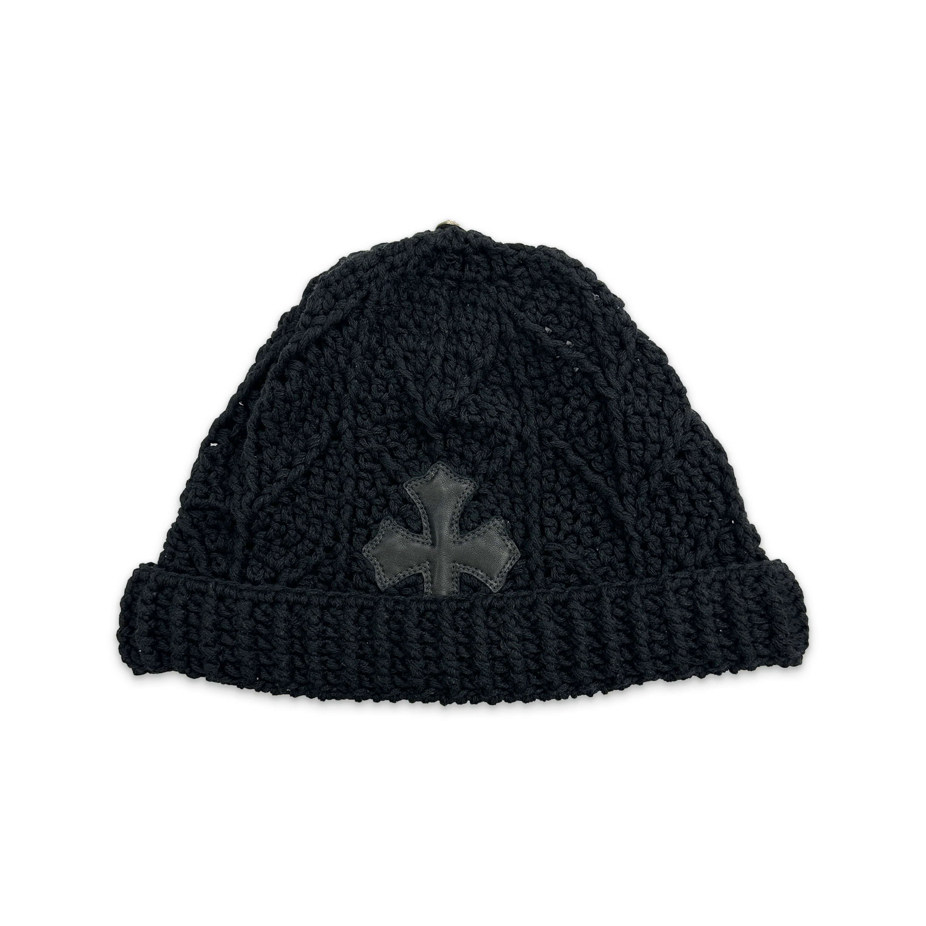 Cashmere Knit Leather Cross Beanie "Black"