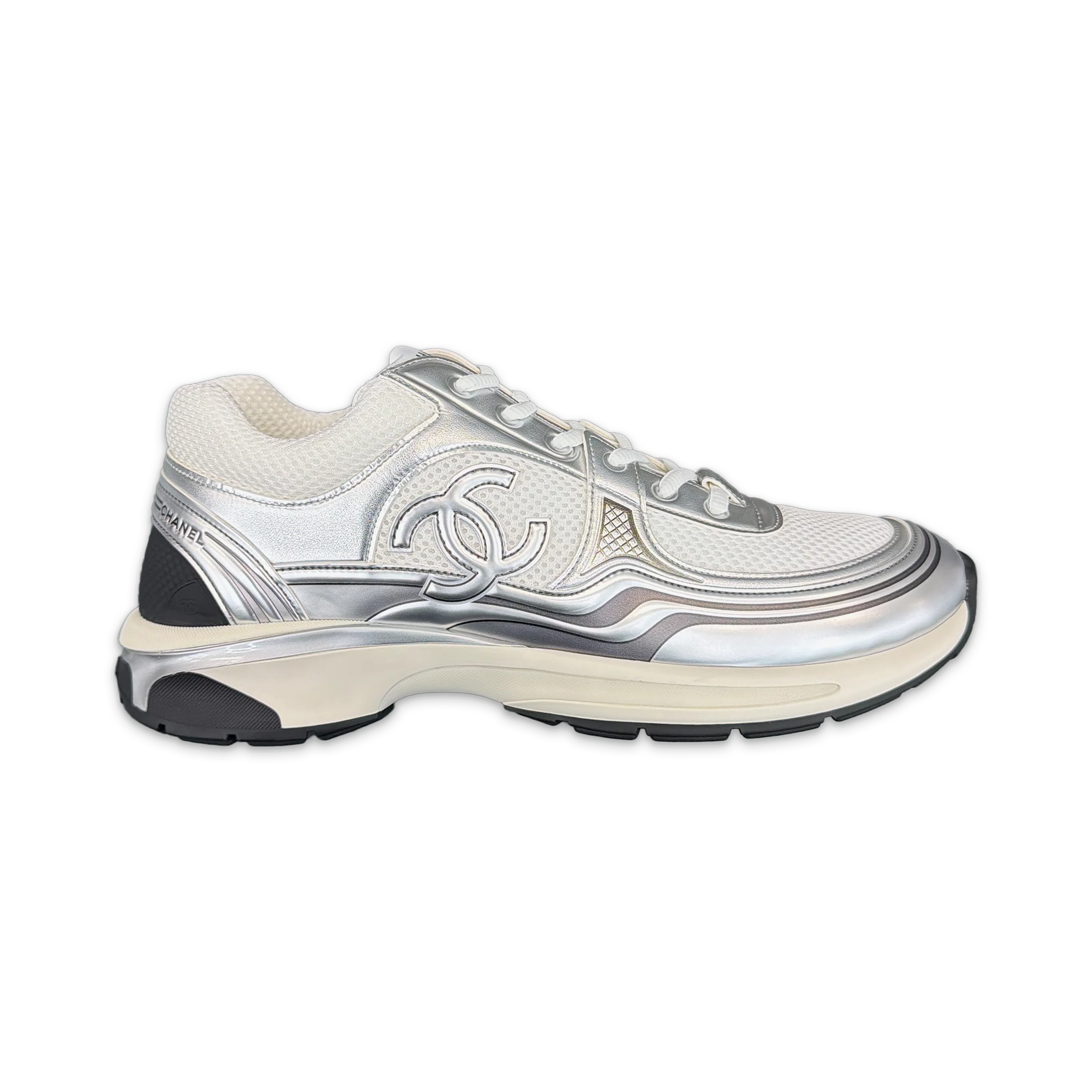 CC Logo Flat Low Top Trainer "Metallic Silver White"