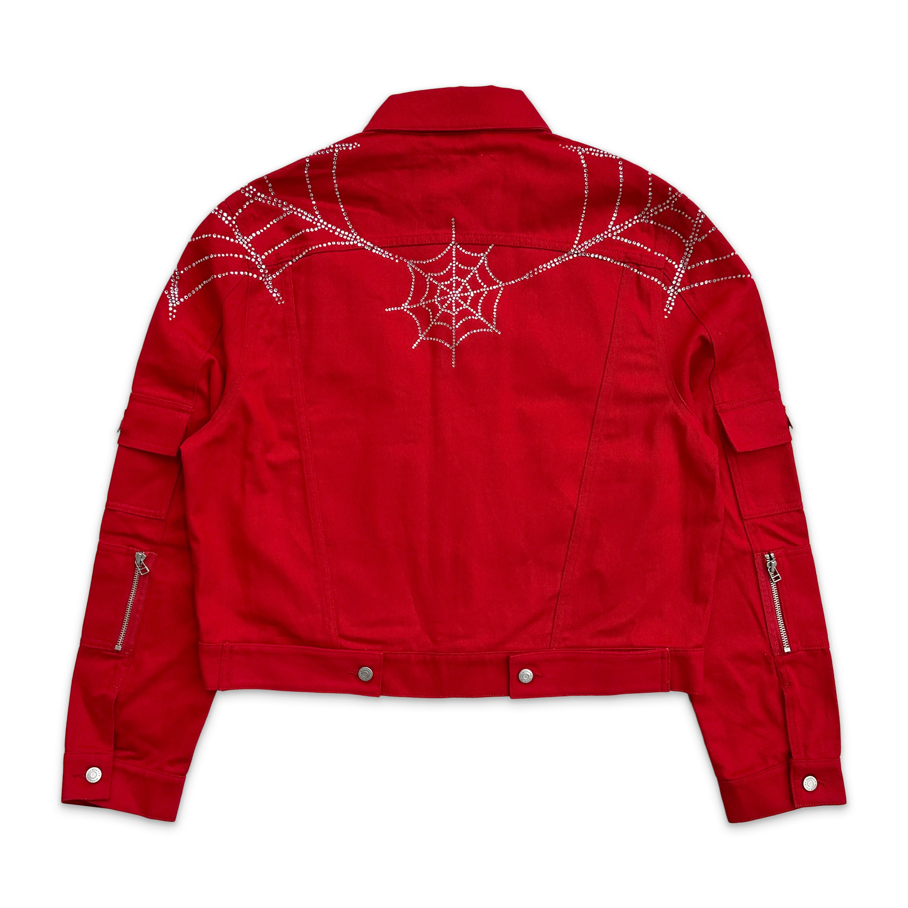 Crystal Web Denim Cropped Trucker Jacket "Red" - Image 2
