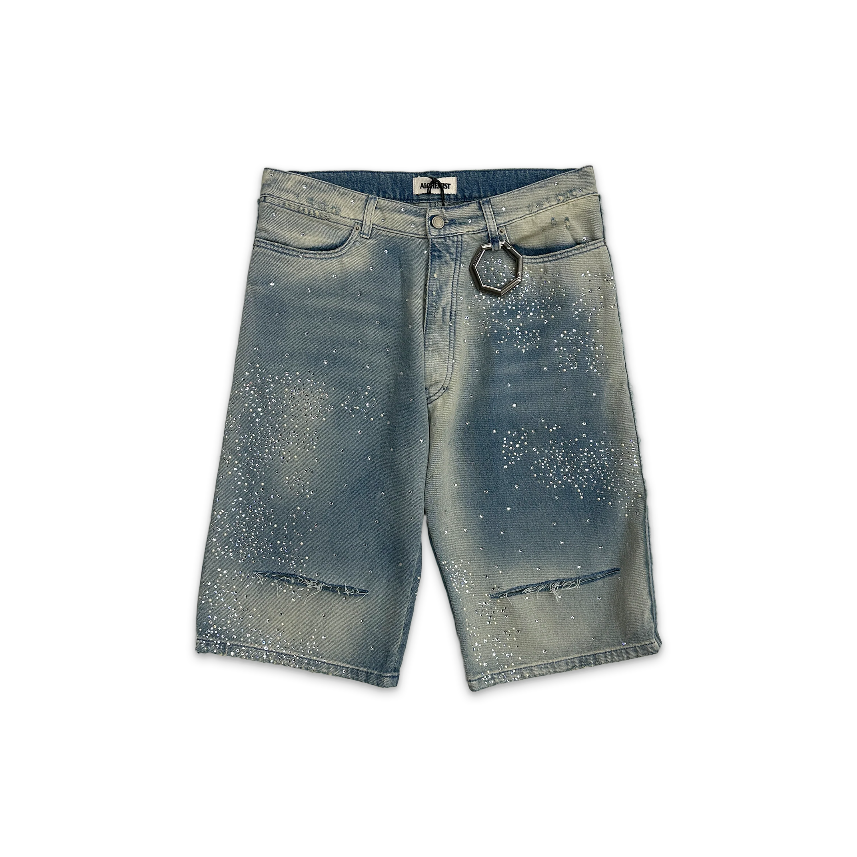 Denim Shorts Crystal & Pearl Striped "Light Indigo"