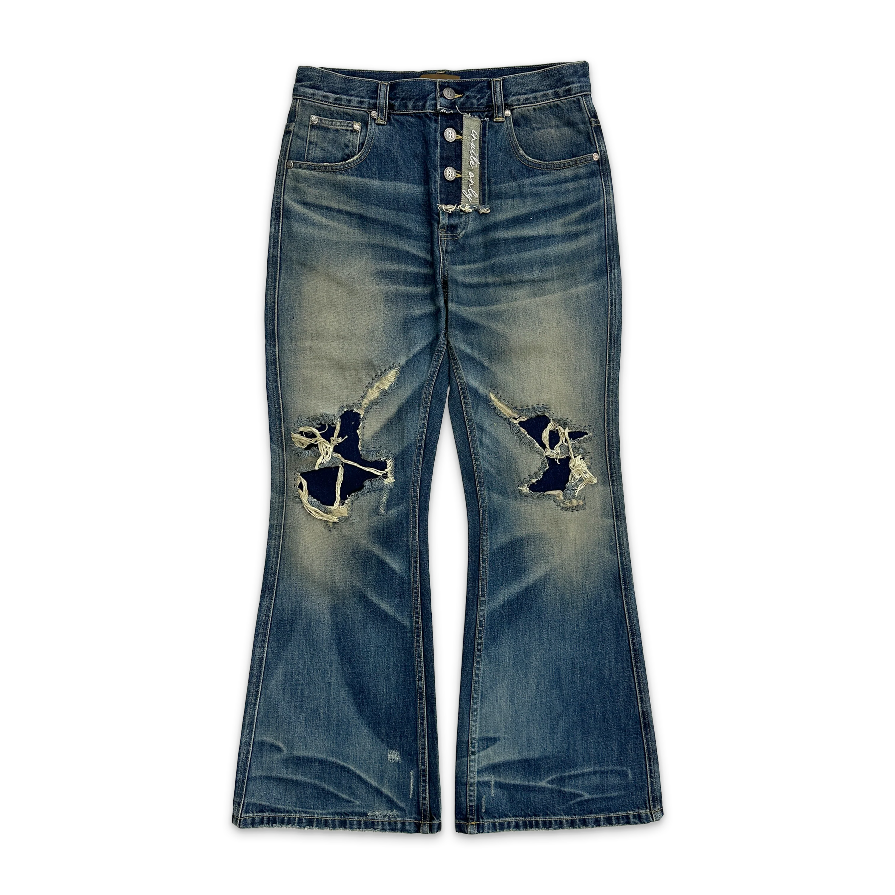 Distressed Embroidery Bootcut Denim "Blue"