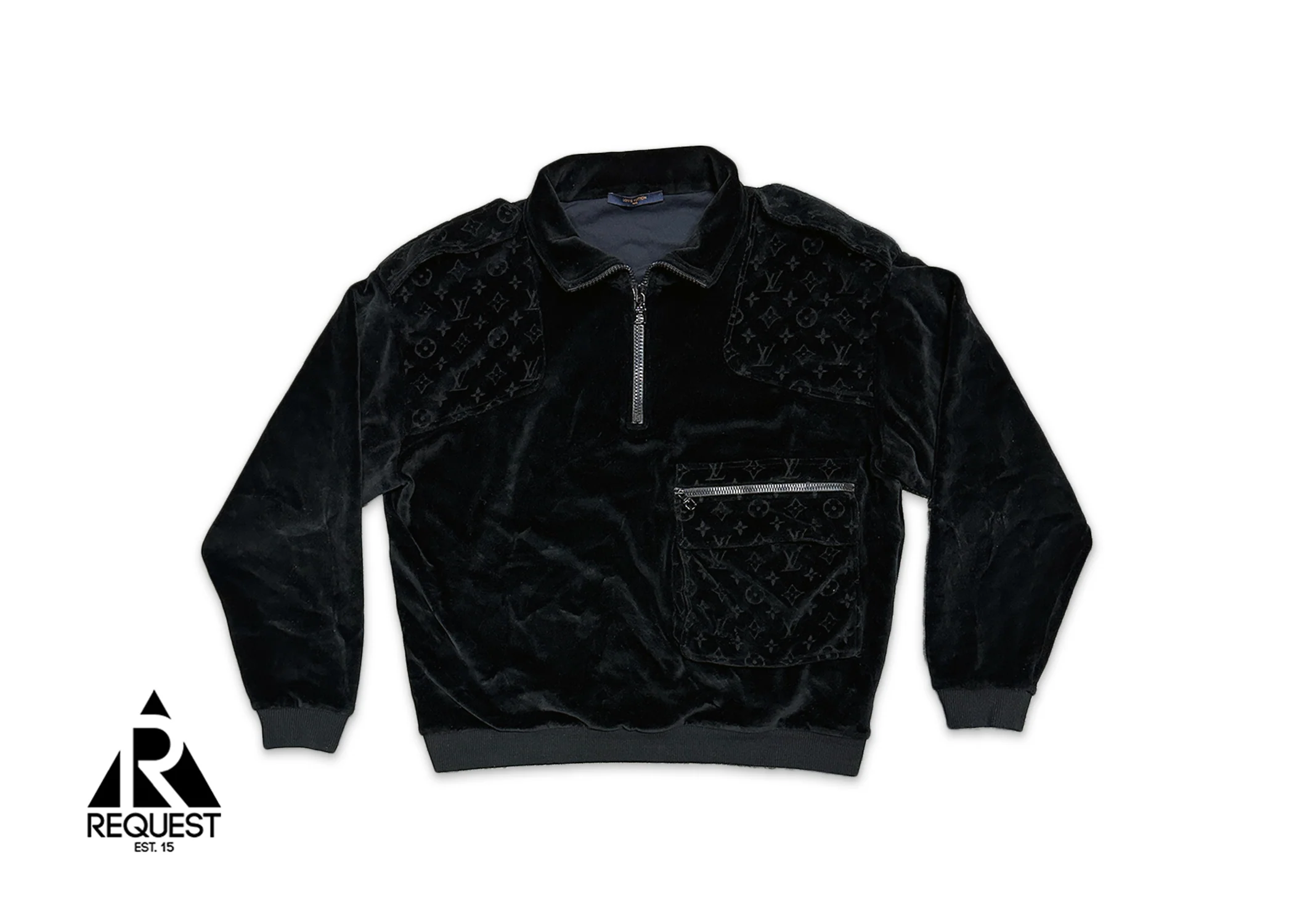 Embossed Velour Cargo Pocket Quarter Zip Pullover "Black"