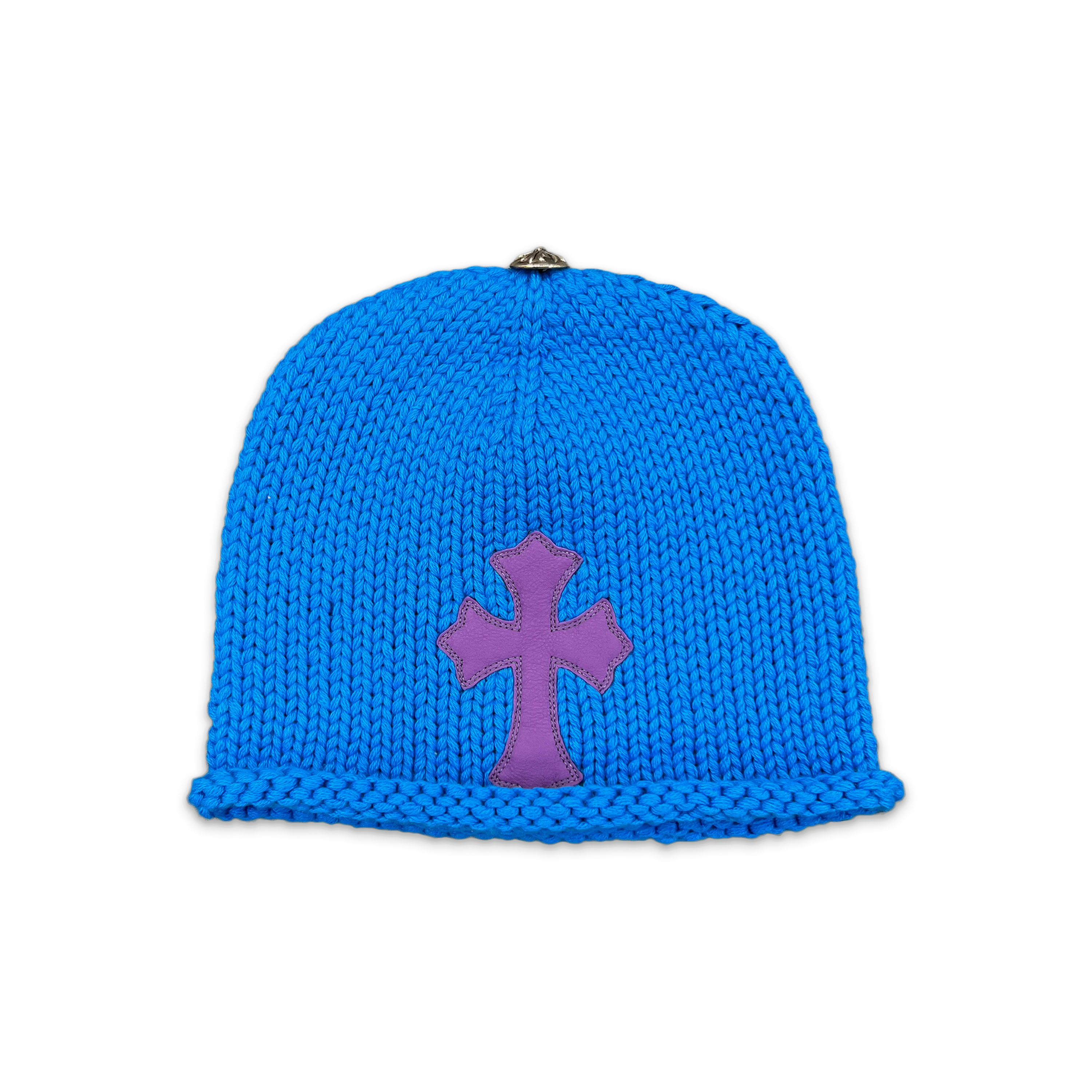 Knitted Purple Leather Cross Beanie "Blue"