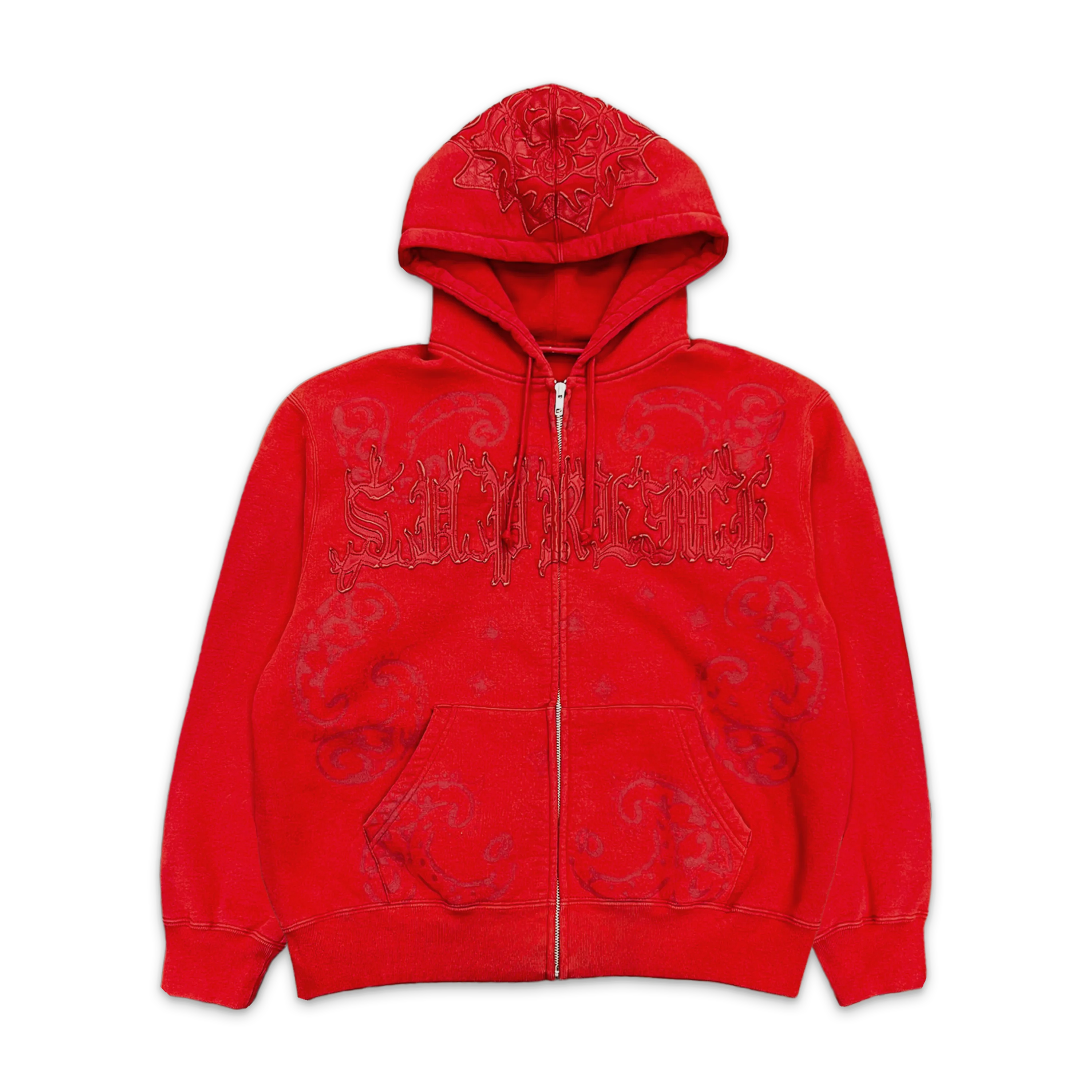 Leather Applique Zip Up Hooded Sweatshirt "Burnt Red"