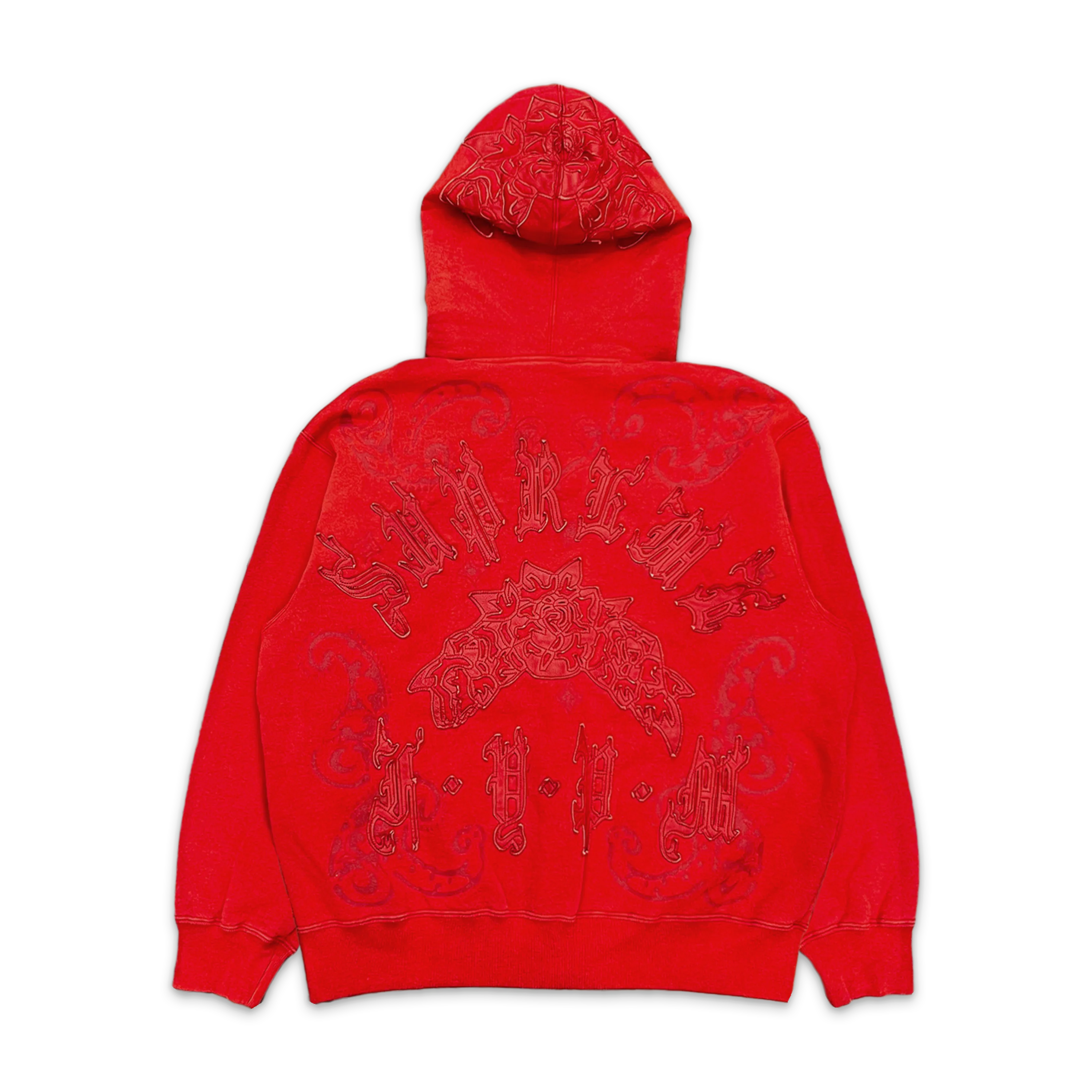 Leather Applique Zip Up Hooded Sweatshirt "Burnt Red" - Image 2
