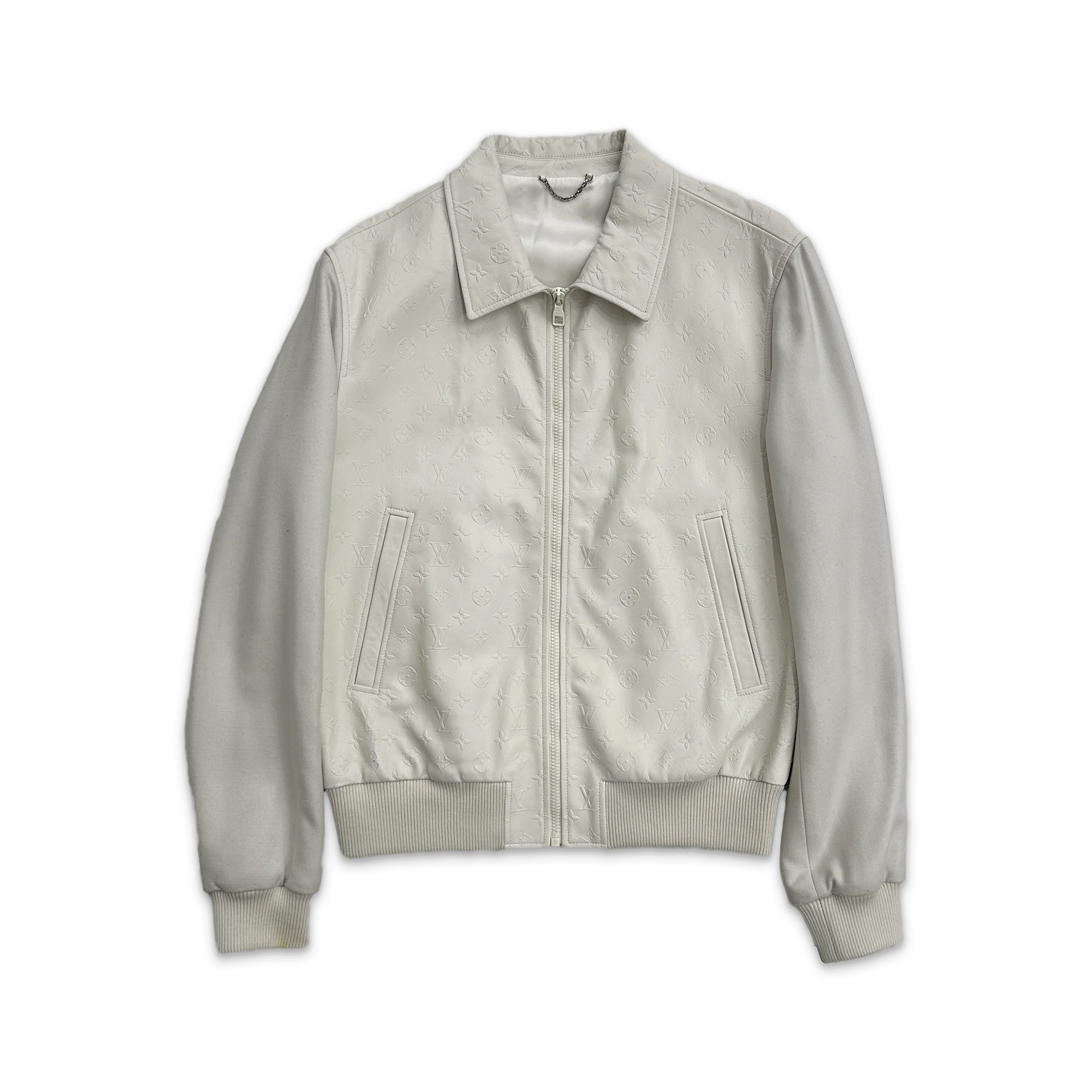 Leather Debossed Monogram Bomber Jacket "Cream"