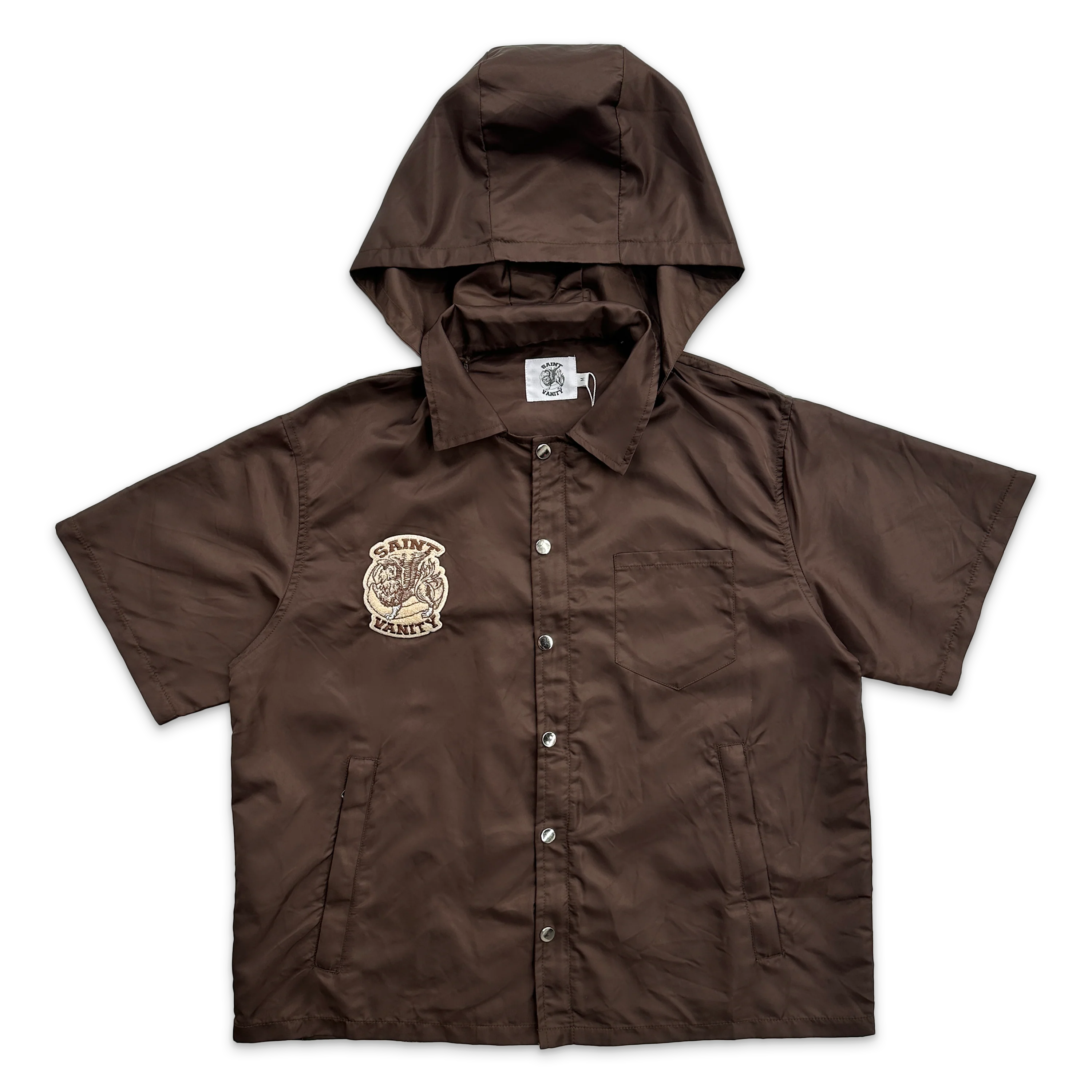 Nylon Button Zip Up Tee W/ Attachable Hood "Brown" - Image 2