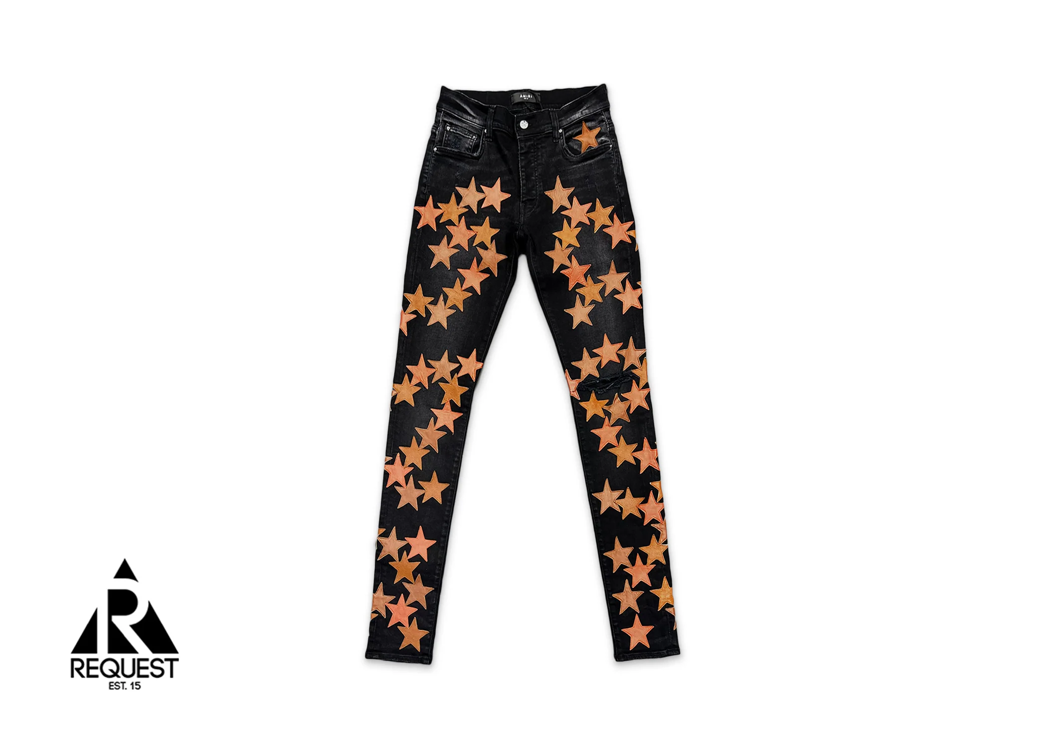 Orange Leather Star Applique Chemist Denim "Aged Black"