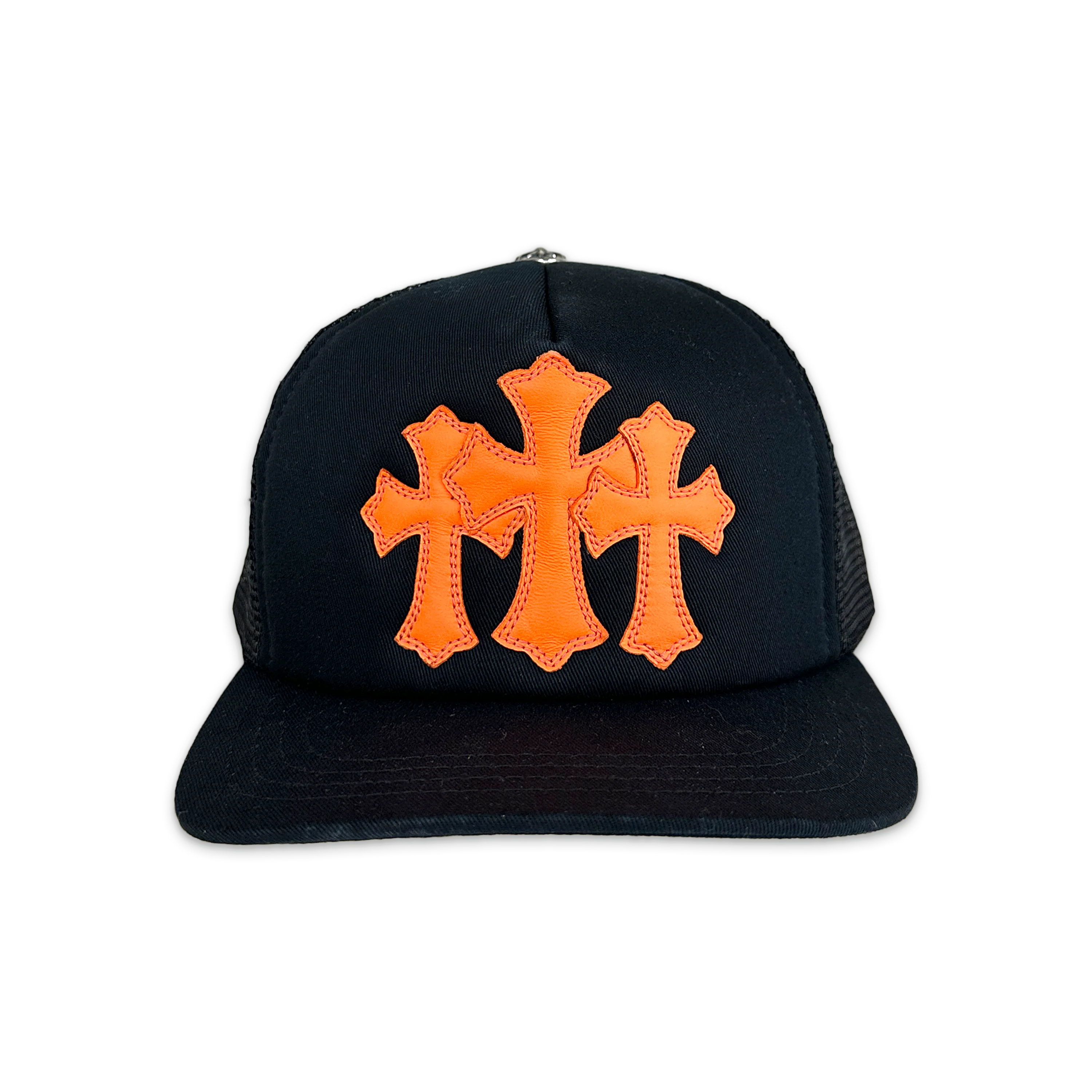 Orange Leather Triple Cross Trucker Hat "Black"