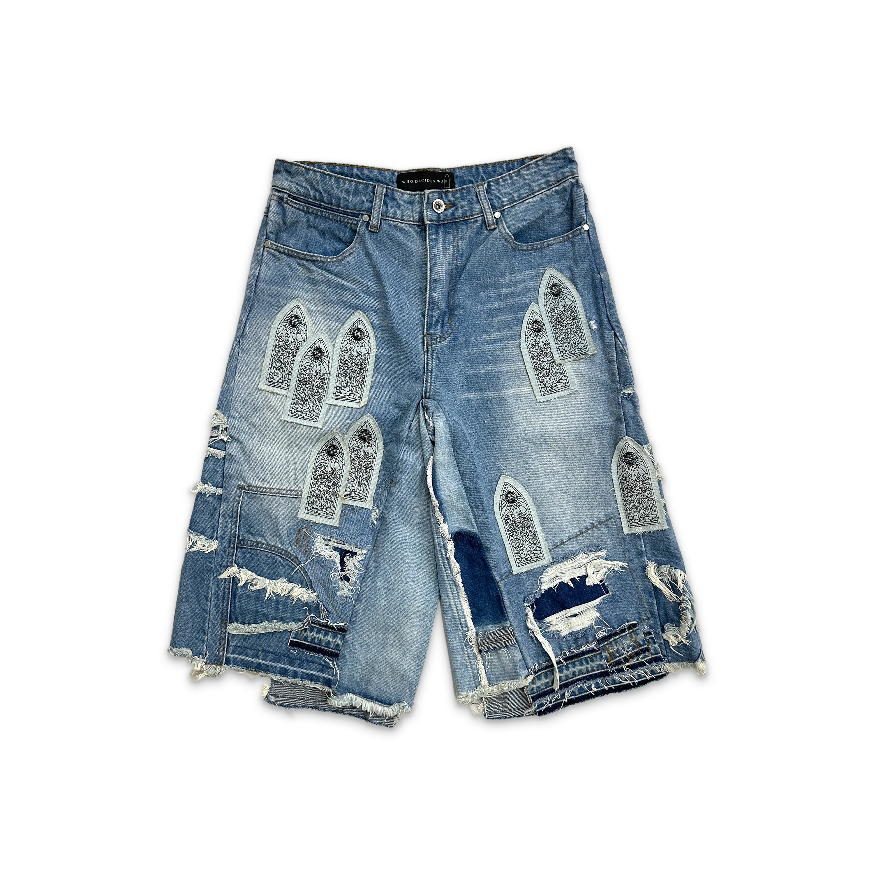 Patched Arch Blowout Denim Shorts "Sky"