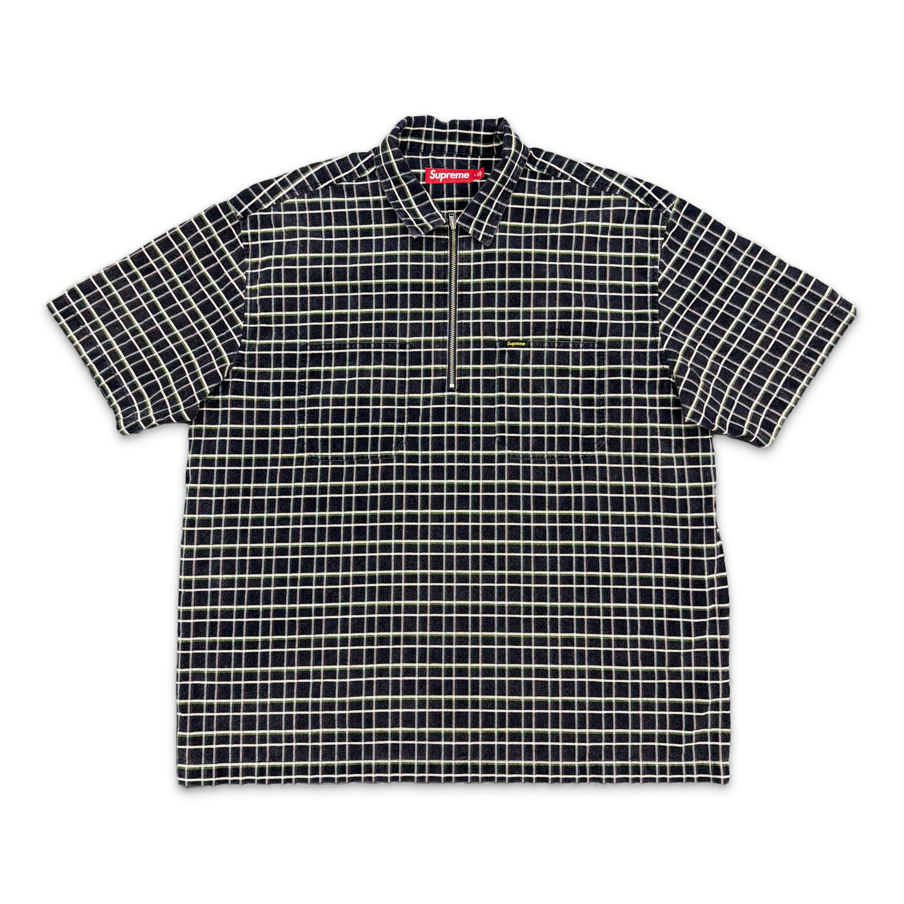 Plaid Corduroy Half Zip S/S Shirt "Navy"