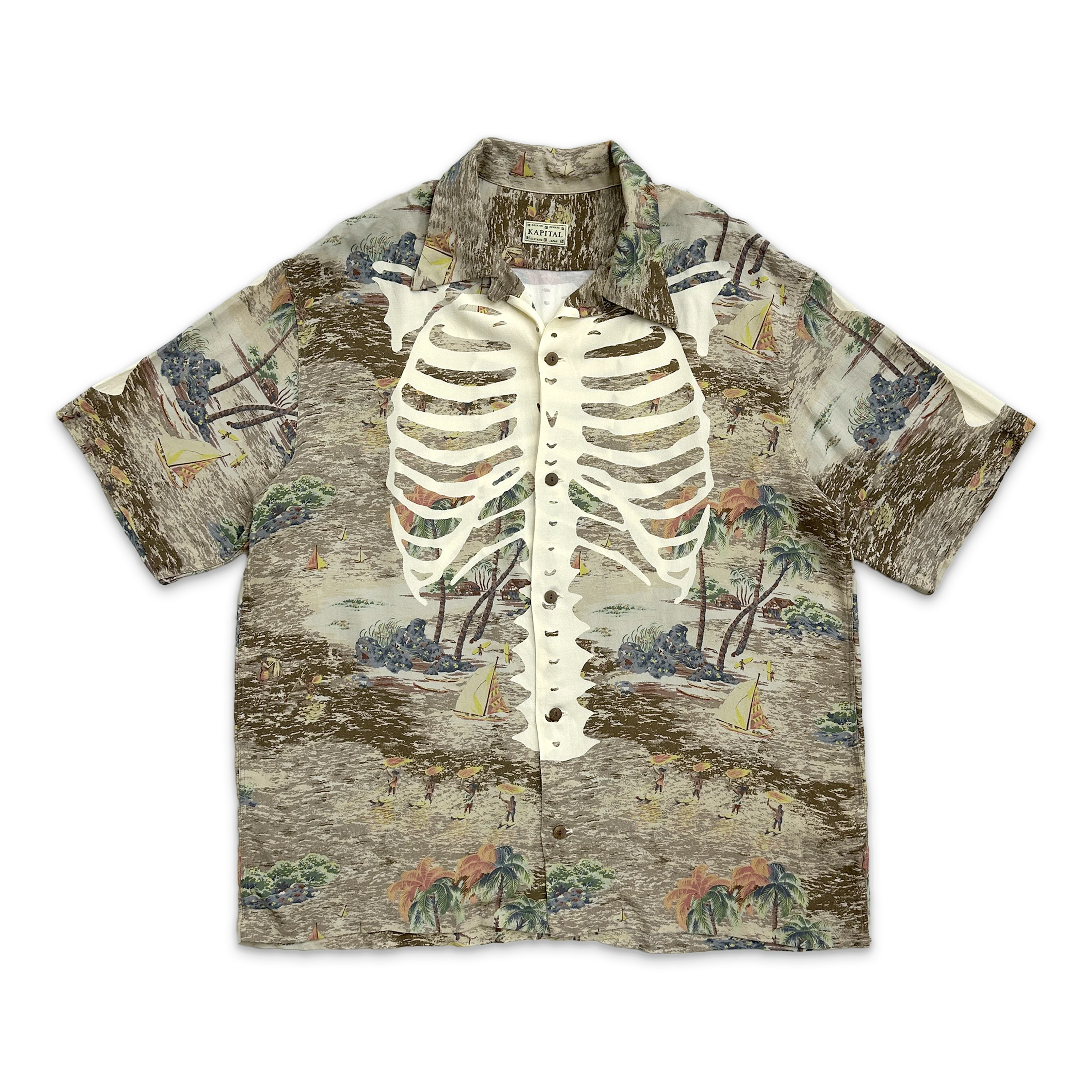 Rayon Kamehameha Bone Aloha Shirt "Brown"