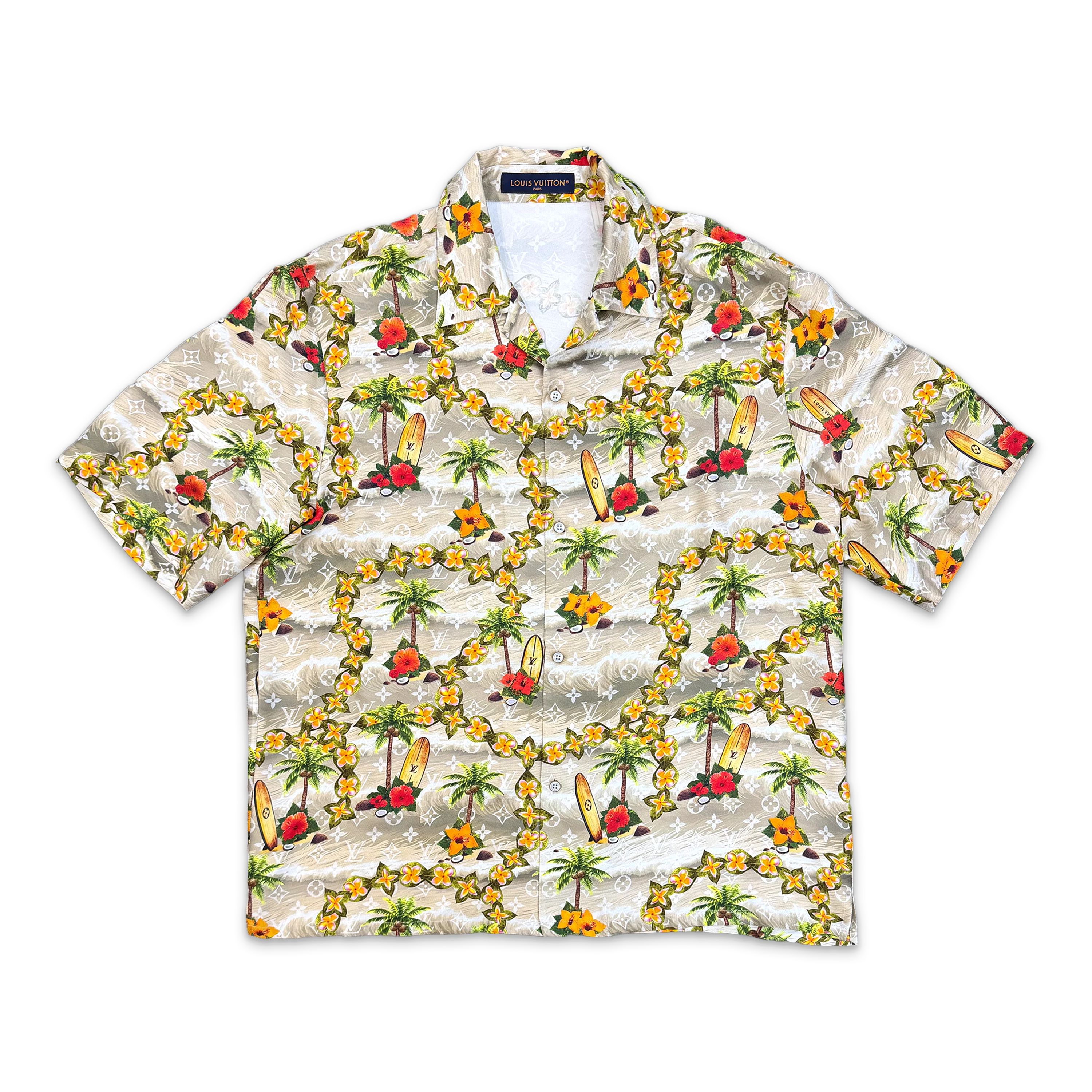 Silk Beach Monogram Button Up Shirt "Beige Green"