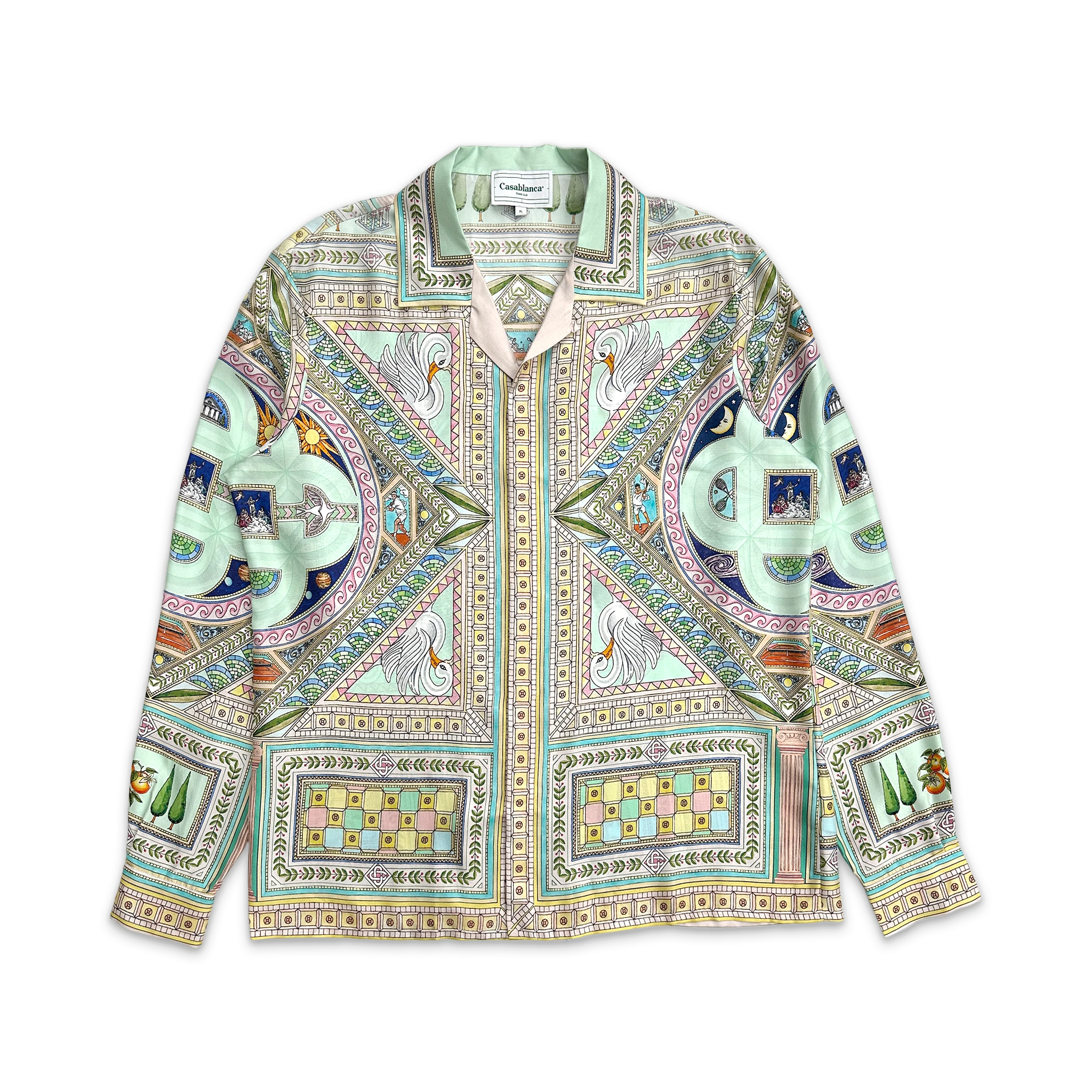 Silk Twill Cuban Collar L/S Button Up Shirt "Le Labyrinthe"