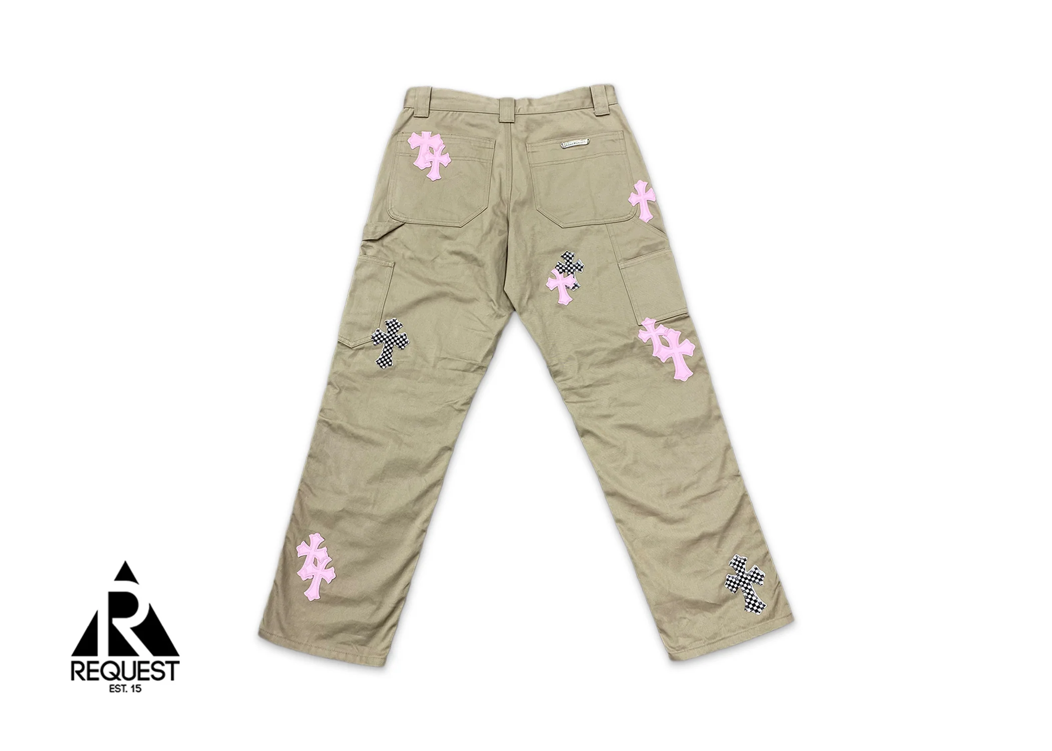 Tan Chino Carpenter Pants "Pink & Checkered Crosses" - Image 2