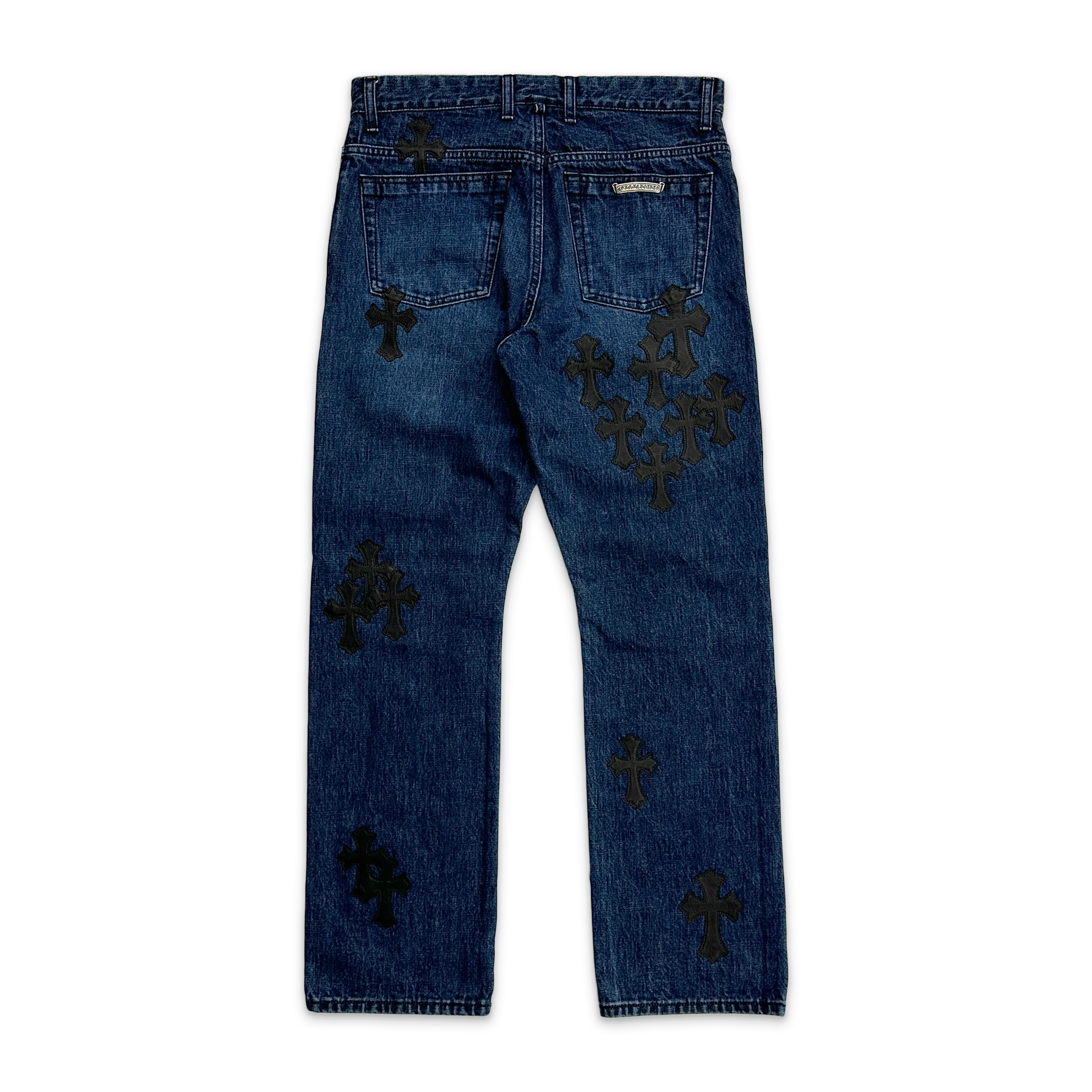 Turbo Diesel Black Crosses Leather Patches Fleur Denim Jeans "Raw Indigo" - Image 2