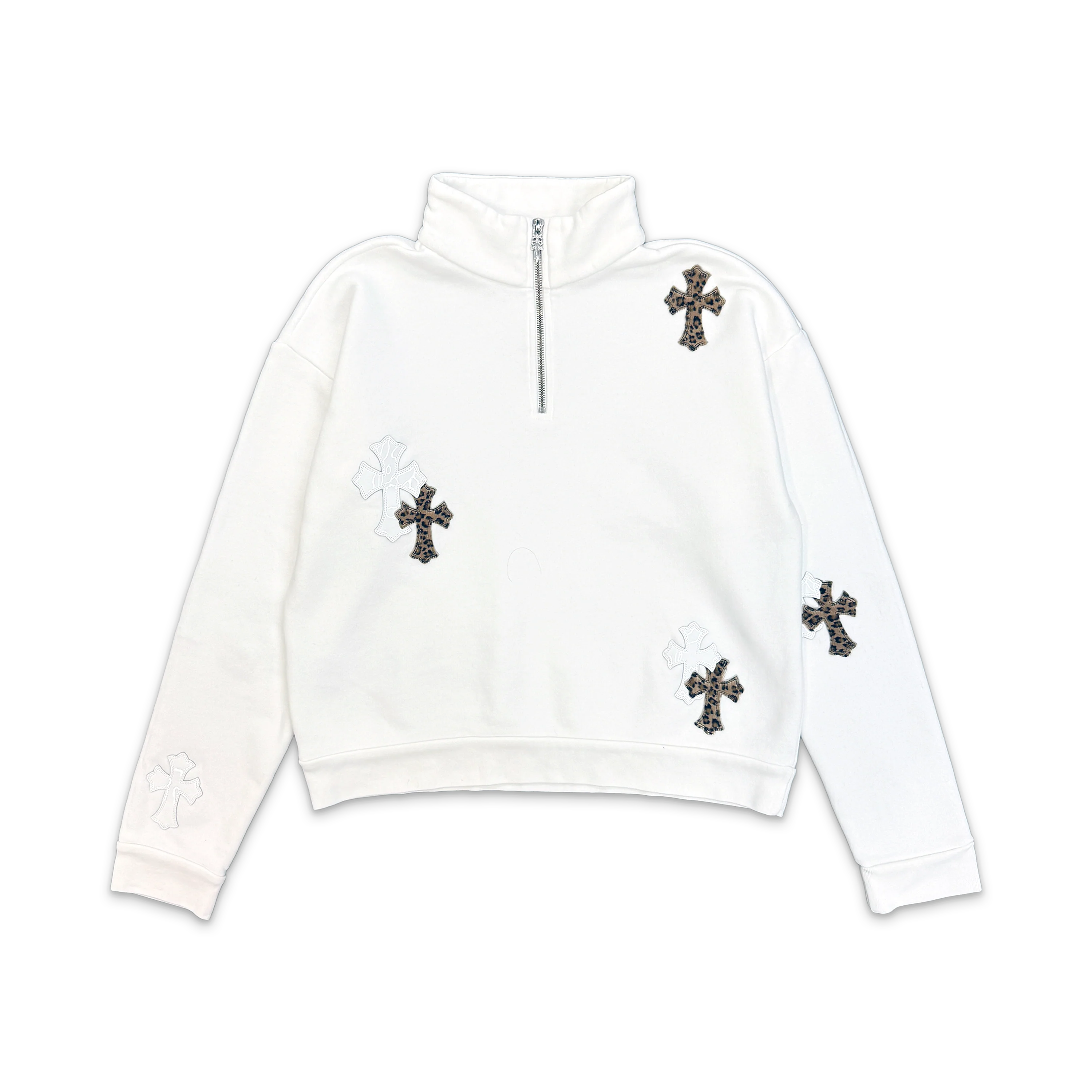 White & Leopard Cross Patch Quarter Zip Sweatshirt "White"