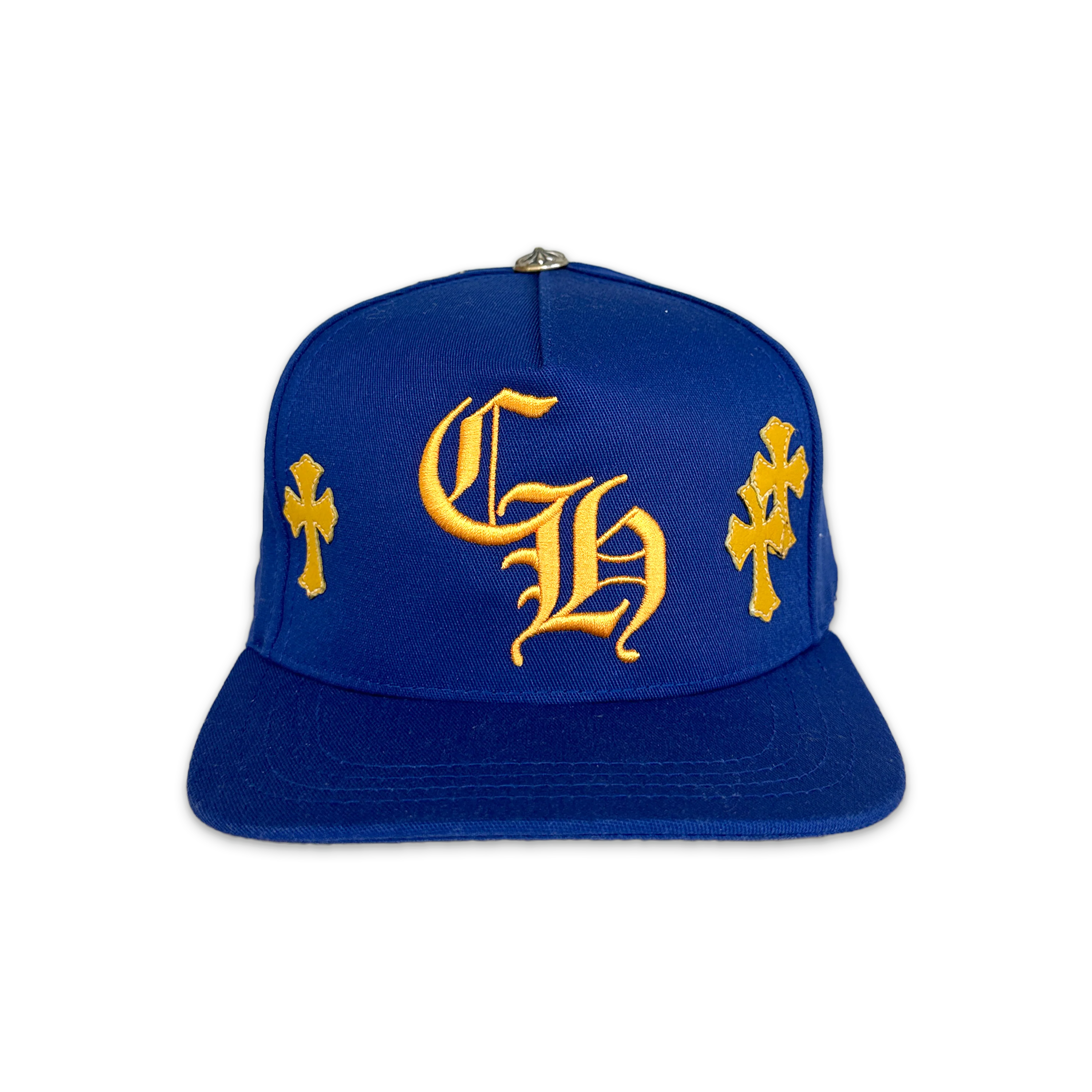 Yellow Leather Crosses Snapback Hat "Blue"